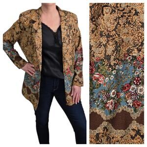 Vintage Connections Blazer Jacket M Tan Floral Mixed Print Boho Cottagecore